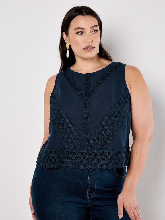 Cotton Lace Bow Top, Navy, large