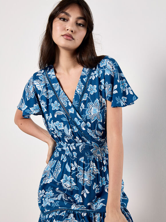 Sarasa Floral Wrap Mini Dress, Blue, large