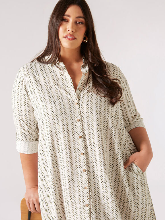 Chevron High-Low Shirt Mini Dress, Stone, large