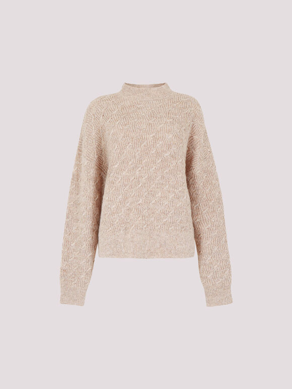 Plaited Knit Mock Neck Jumper, Stone, large