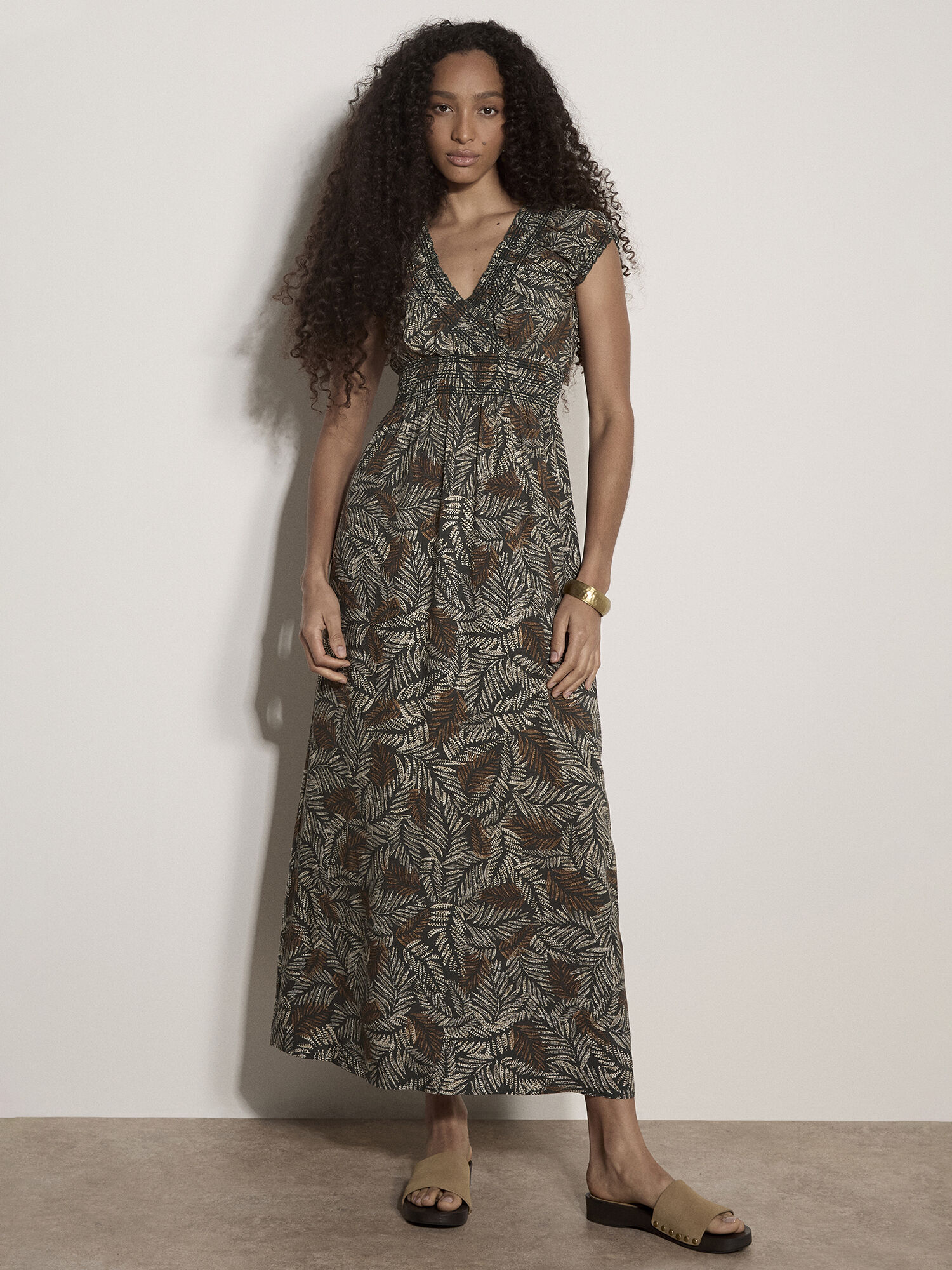Rustic Leaf Print Smocked Maxi Dress | Apricot Clothing
