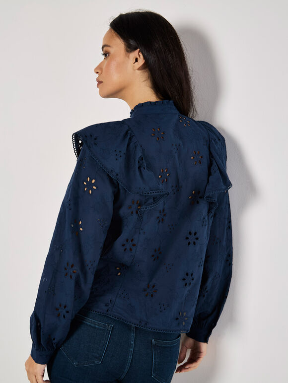 Embroidered Cotton Ruffle Blouse, Navy, large