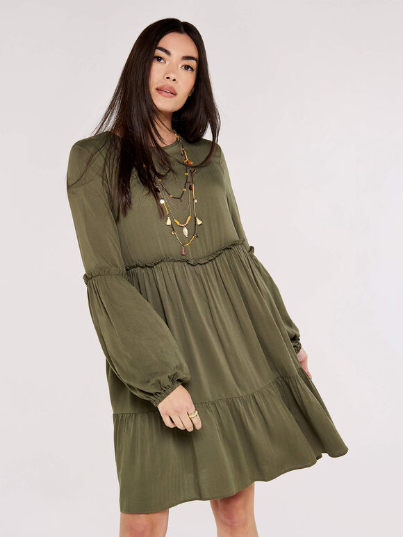 Self Chevron Babydoll Dress, Khaki, large