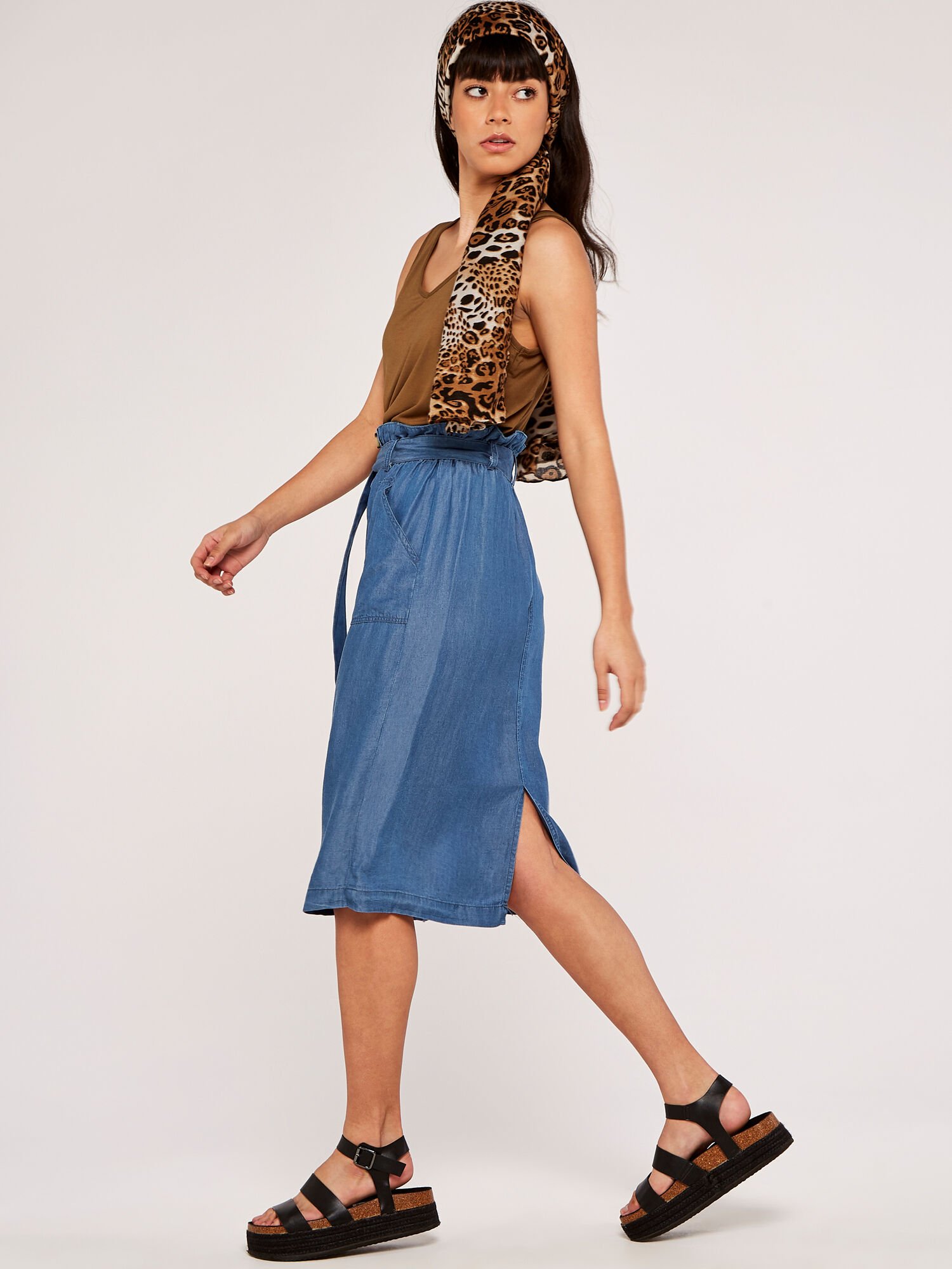 Denim Paperbag Button Through Midi Skirt Apricot Clothing