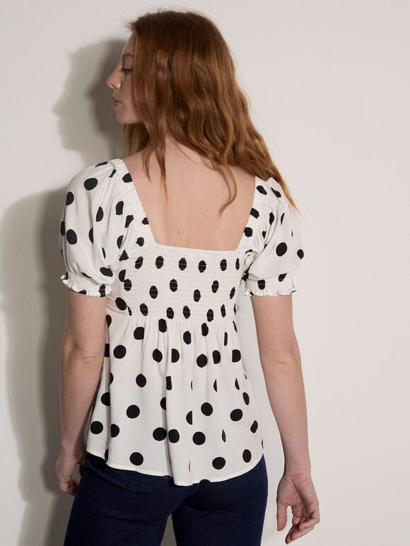 Polka Dot Tie Front Top, White, large