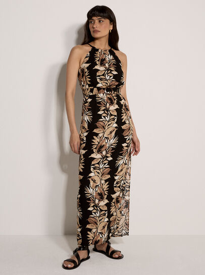 Tropical Leaf Halter Neck Maxi Dress