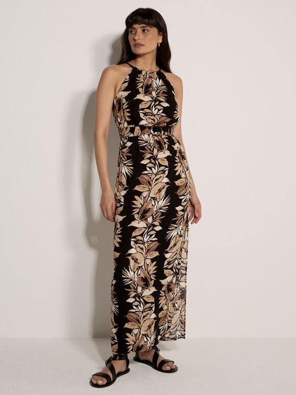 Tropical Leaf Halter Neck Maxi Dress, Black, large
