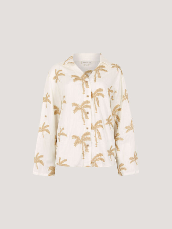 Embroidered Palm Trees Shirt, Cream, large