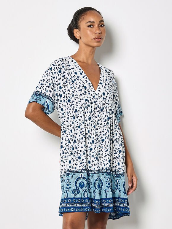 Sarasa Floral Smock Mini Dress, Blue, large