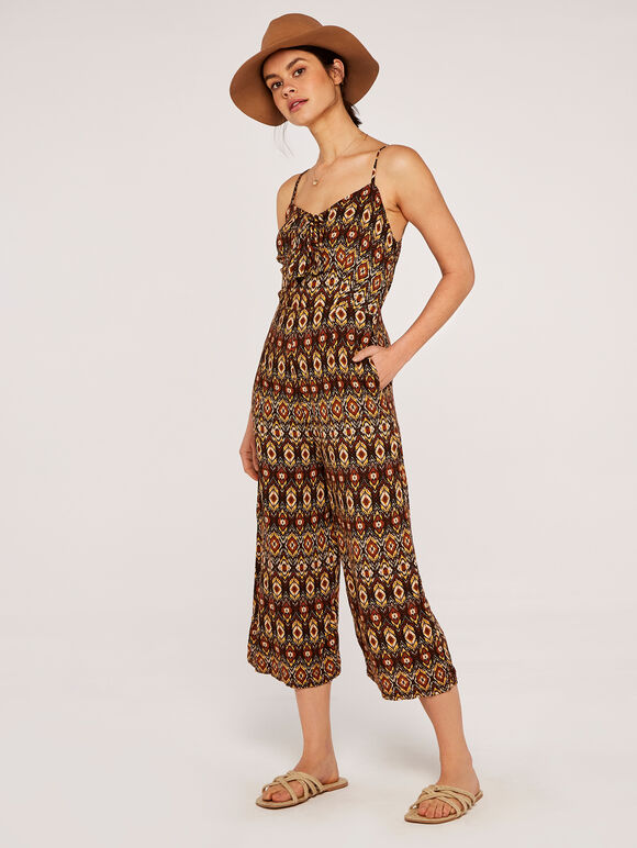 Tie Front Tribal Jumpsuit, Rust, large
