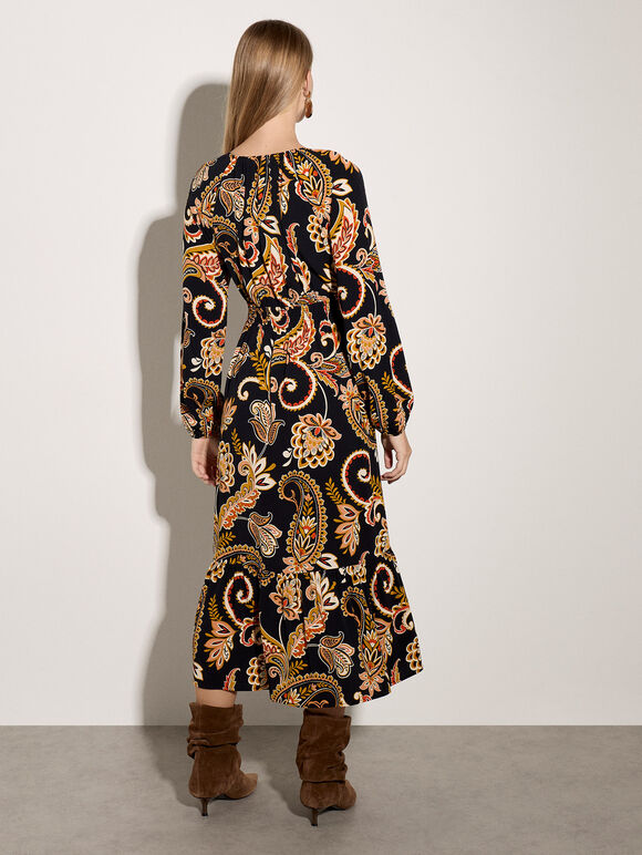Crepe Folk Floral Midi Dress, Black, large
