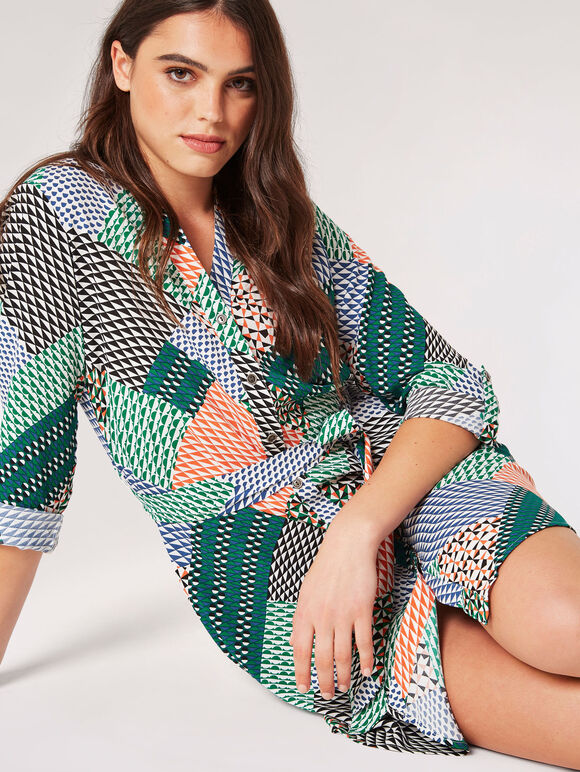 Geo Patchwork Shirt Mini Dress, Orange, large