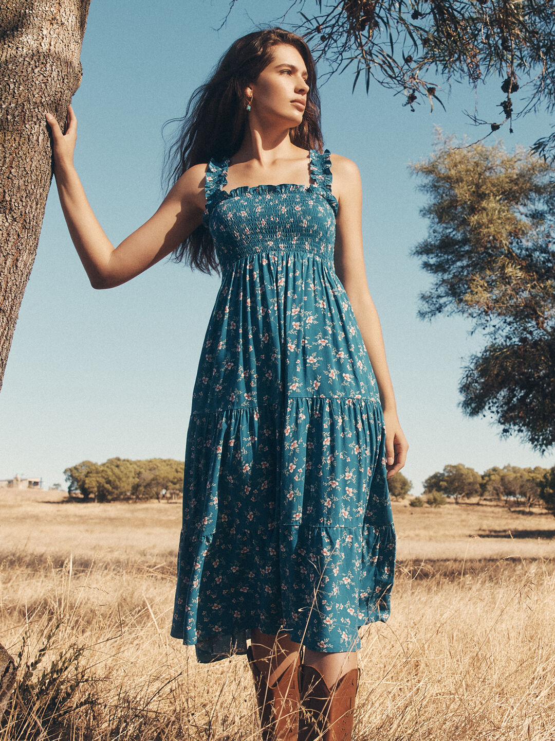 Orchid Print Smocked Midi Dress
