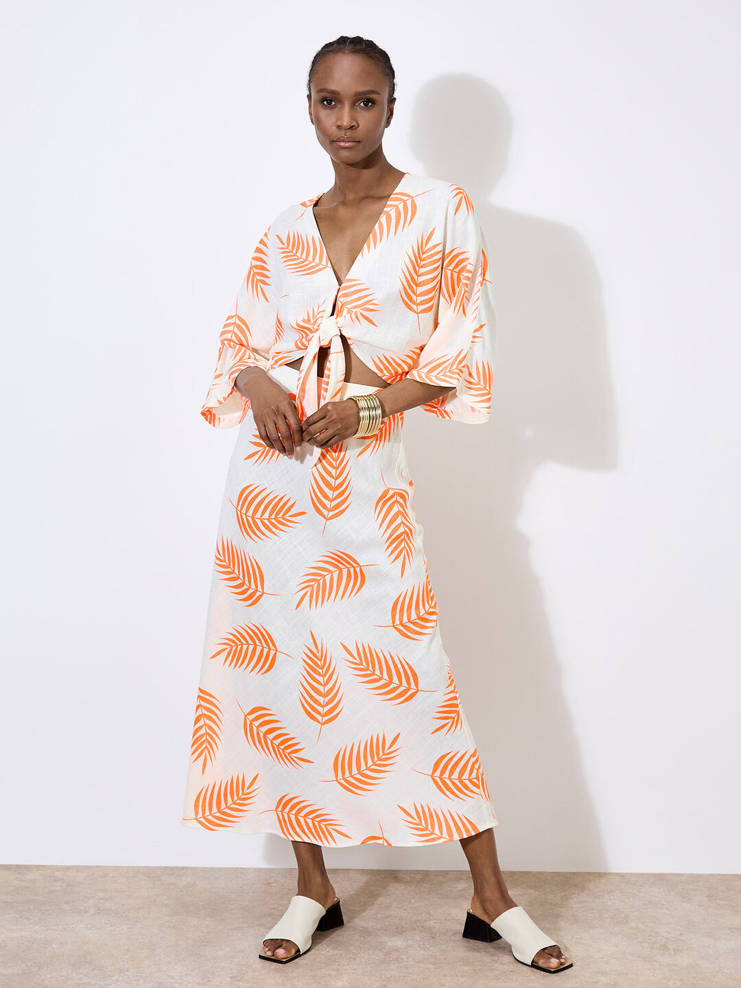 Image of Cream Tropical Leaf Bias Maxi Top and Skirt Co-Ord