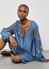 Aztec Embroidered Denim Mini Dress, Blue, large
