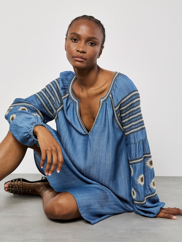 Aztec Embroidered Denim Mini Dress, Blue, large