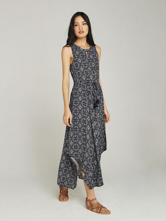 Navy Mosaic Tile Hanky Hem Maxi, Navy, large