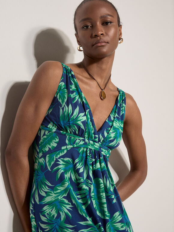 Tropical Leaf Jersey Maxi Dress, Blue, large