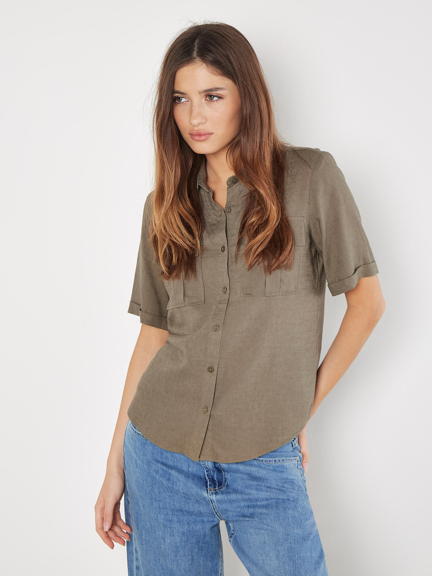 Linen Blend Short Sleeve Shirt Apricot Clothing