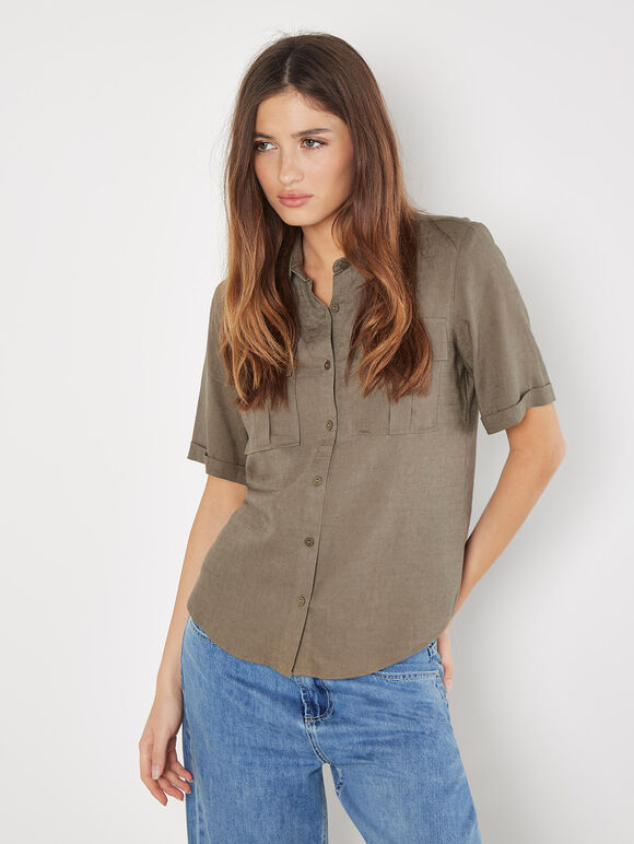 Linen Blend Short Sleeve Shirt, Khaki, large