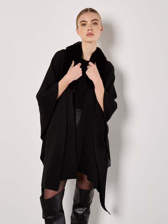 Faux Fur Collar Poncho, Black, large