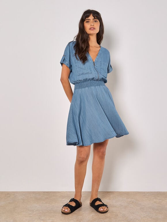 Denim Smocked Mini Dress, Blue, large