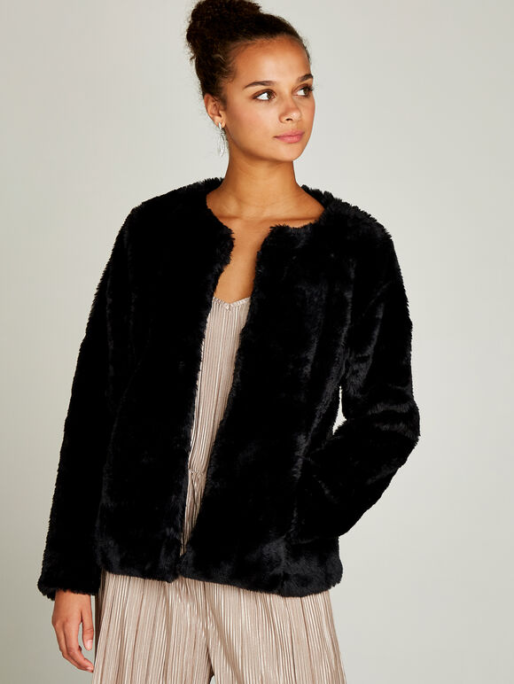 Faux Fur Short Crop Jacket, Black, large