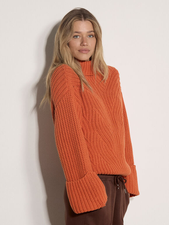 Chunky Knit Roll Neck Jumper, Orange, large