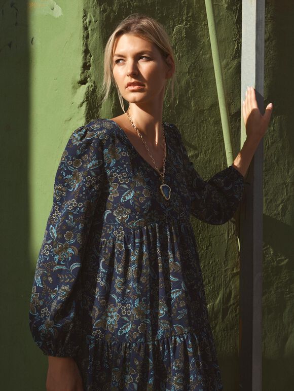 Boho Floral Print Maxi Dress, Navy, large