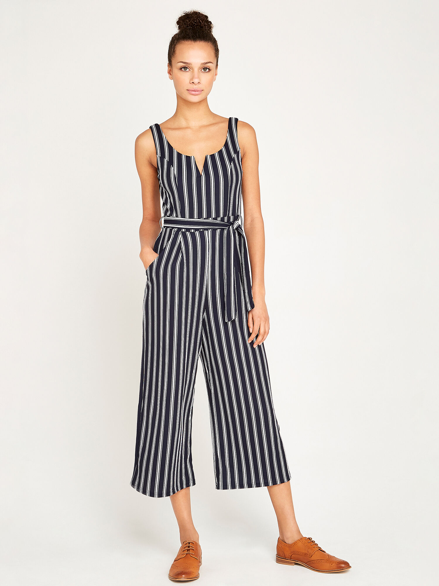 Striped Culotte Jumpsuit Apricot Clothing
