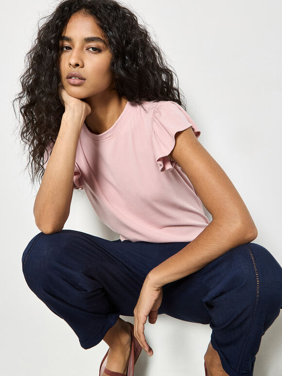 Jersey Knit Ruffle T-Shirt, Pink, large