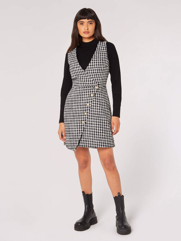Dogtooth Pinafore Mini Dress, Black, large