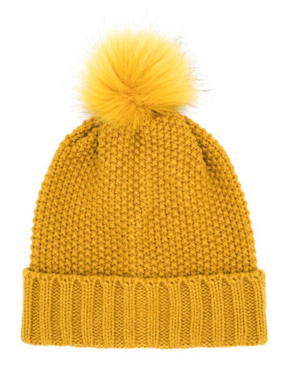 Textured Pom Pom Beanie, Mustard, large
