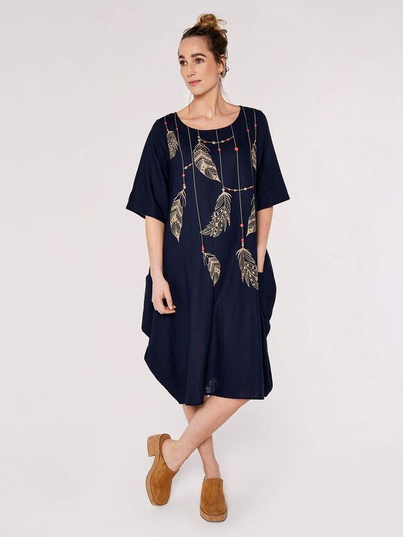 Necklace Print Midi Dress, Navy, large