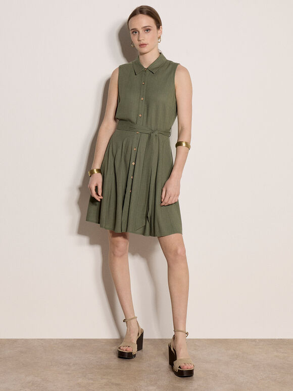 Linen Blend Shirt Mini Dress, Khaki, large