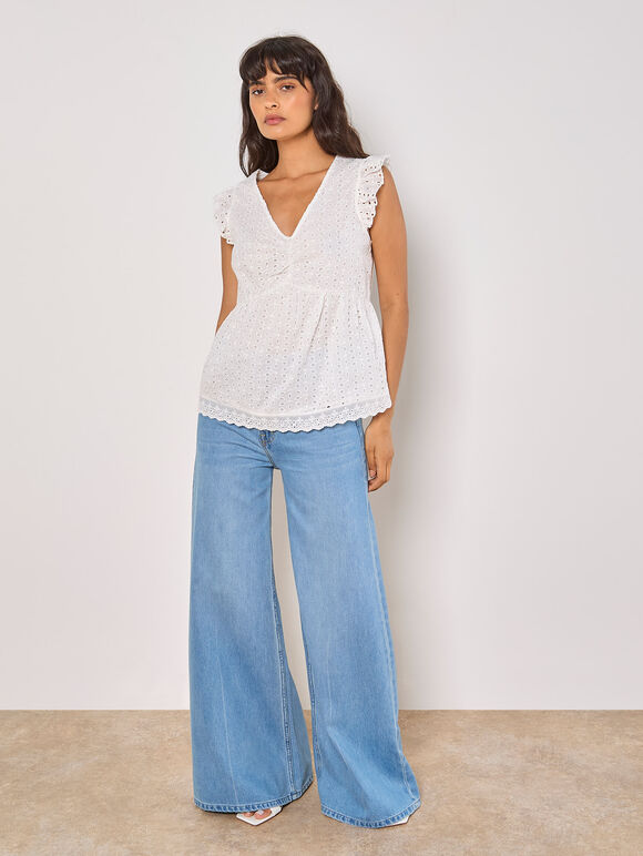 Cotton Broderie Ruffle Shoulder Top, White, large
