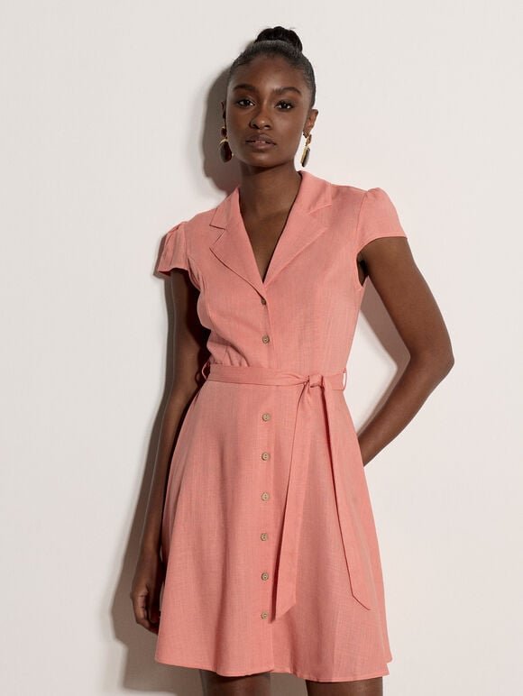 Linen Blend Shirt Mini Dress, Coral, large
