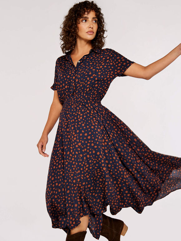 Dot Smock Midi Dress, Navy, large