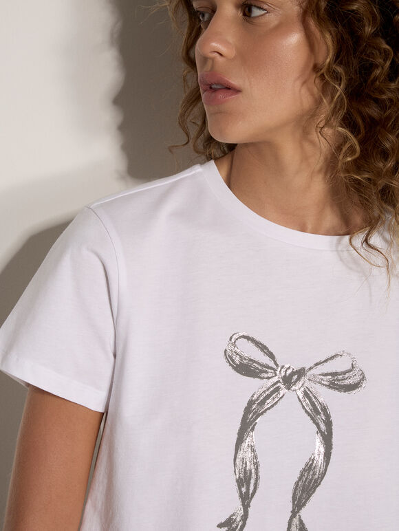 Metallic Bow Print Cotton T-Shirt, Silver, large