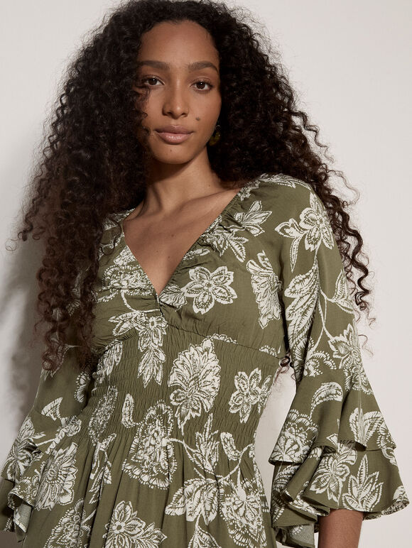 Sarasa Floral Ruffle Mini Dress, Khaki, large