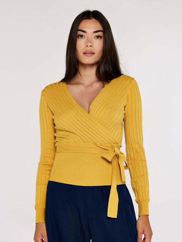 Rib Knit Wrap Top, Mustard, large