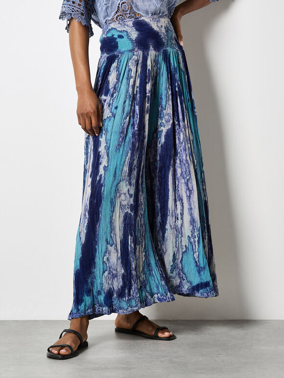 Tie Dye Crinkle Palazzo Trousers, Navy, large