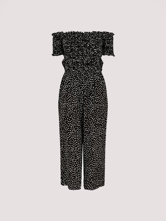 Dots Smocked Bardot Jumpsuit, Black, large