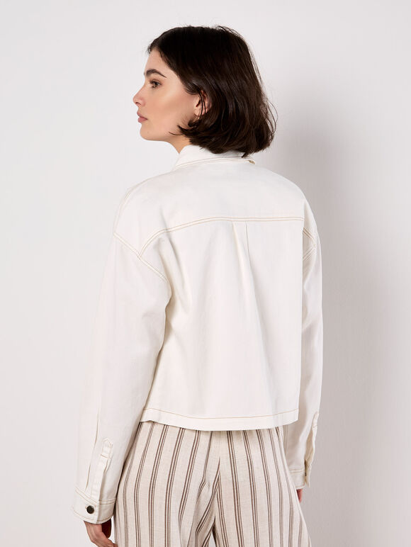 Cropped Cotton Denim Shirt, Cream, large