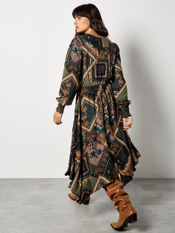 Patchwork Print Hanky Hem Midaxi Dress, Green, large