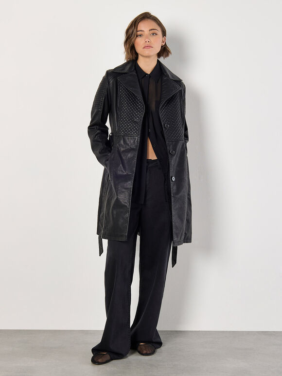 Faux Leather Biker Trench Coat, Black, large