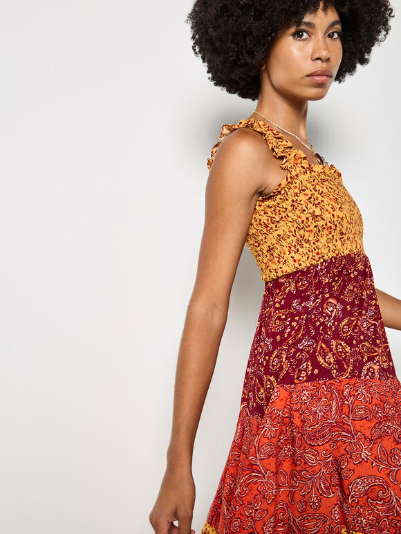 Patchwork Floral Paisley Maxi Dress, Orange, large