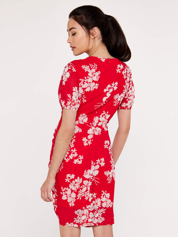Floral Ruched Front Dress, Red, large