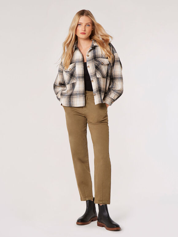 Fringed Cropped Check Shacket, Stone, large