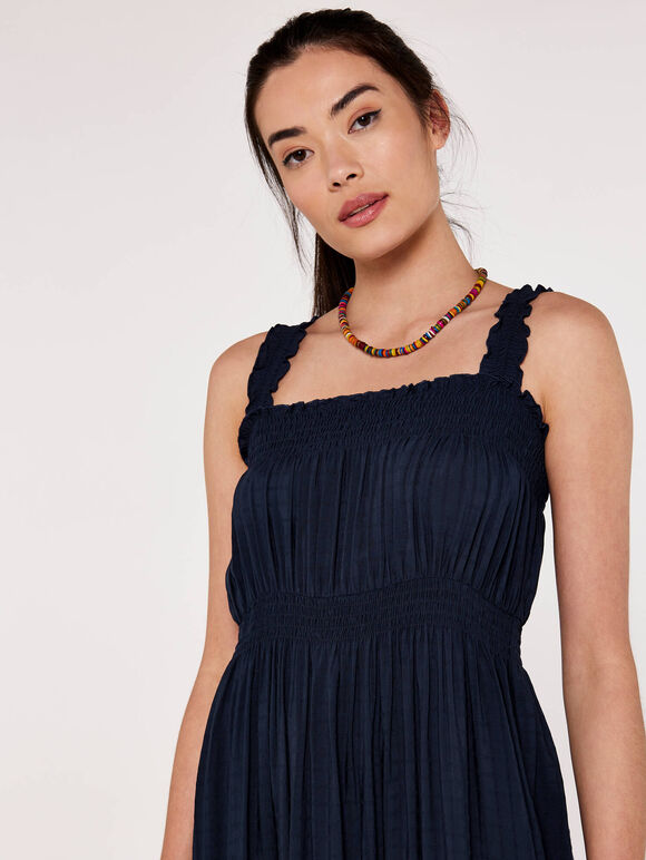 Check Smocked Midi Dress, Navy, large